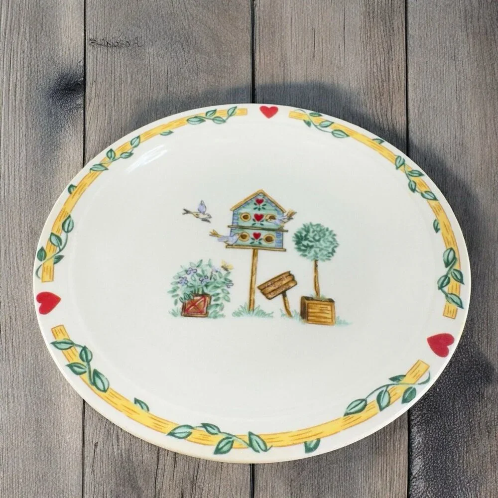 Thomson Pottery Birdhouse Plate Dish Birds Red Hearts Bluejay Set 4 Ceramic‎ 6in